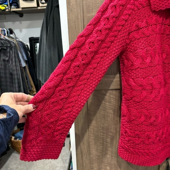 Inis Craft Large Cardigan Merino Wool Sweater One Button Cable Knit Red - Picture 7 of 12